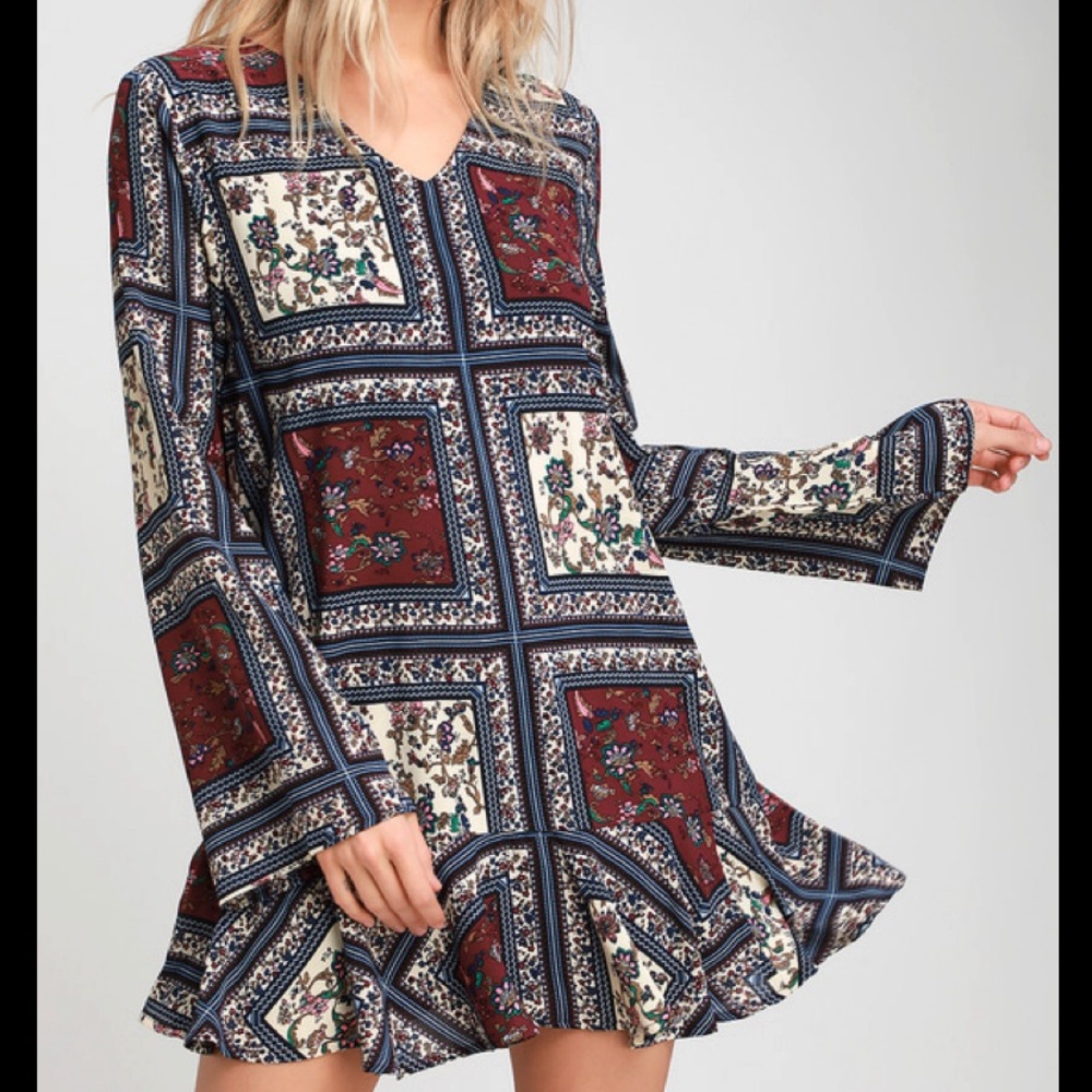 Lulus Plum Multi Print Long Sleeve Shift Dress